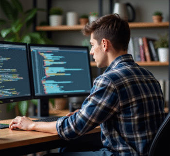 Jeune homme concentré devant ses écrans en home office