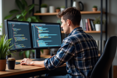 Jeune homme concentré devant ses écrans en home office