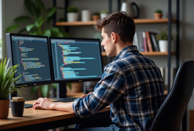 Jeune homme concentré devant ses écrans en home office