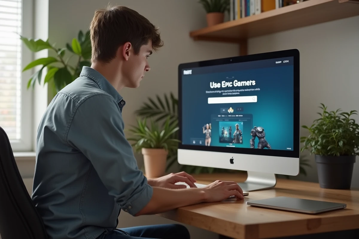 Jeune homme concentré sur son ordinateur pour Epic Games