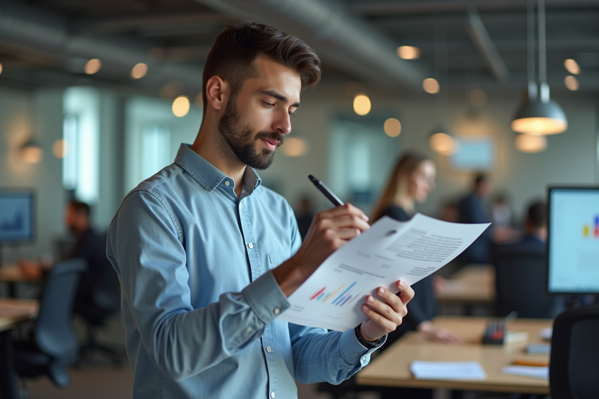 Jeune homme étudiant des rapports de recherche en open space