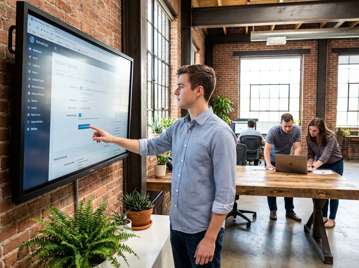Jeune homme configurant un logiciel de sécurité dans un espace tech