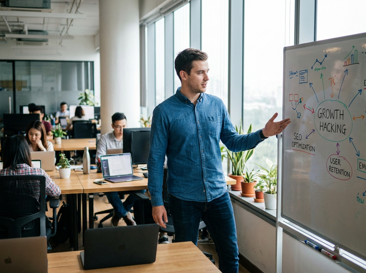 Jeune homme expliquant des stratégies marketing devant un tableau blanc