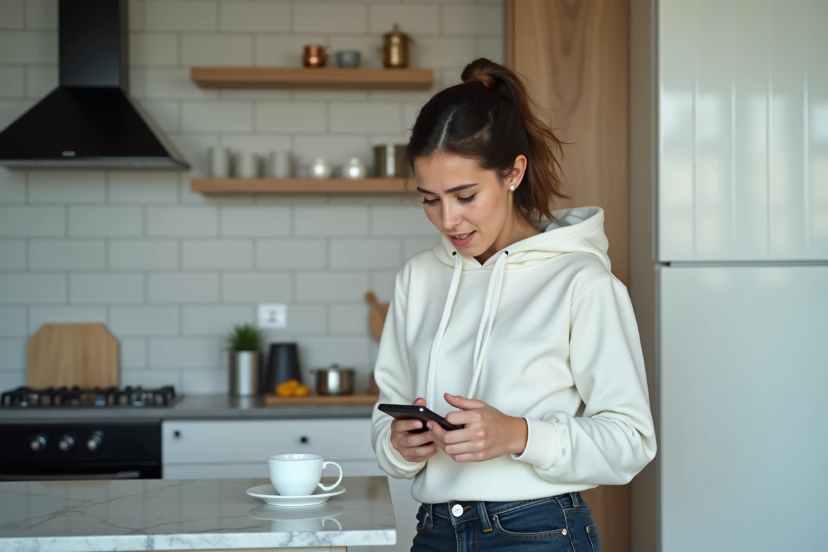 Jeune personne découvrant un presse-papier vide sur son téléphone Android dans une cuisine moderne