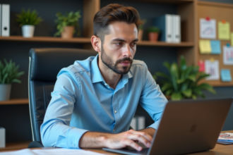 Jeune homme en analyse de site web dans un bureau moderne