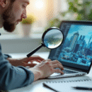 Jeune professionnel utilisant un ordinateur portable à un bureau lumineux