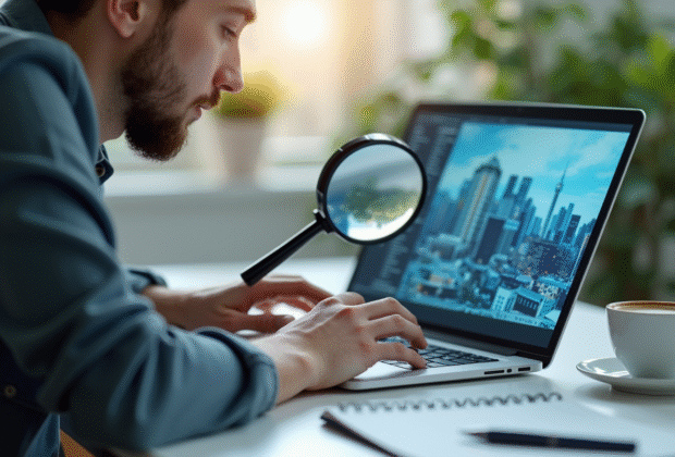 Jeune professionnel utilisant un ordinateur portable à un bureau lumineux