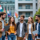 Groupe d'étudiants internationaux souriants devant une université moderne