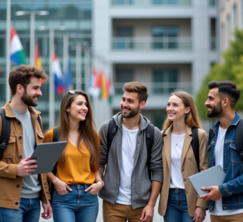 Groupe d'étudiants internationaux souriants devant une université moderne