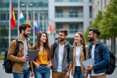 Groupe d'étudiants internationaux souriants devant une université moderne