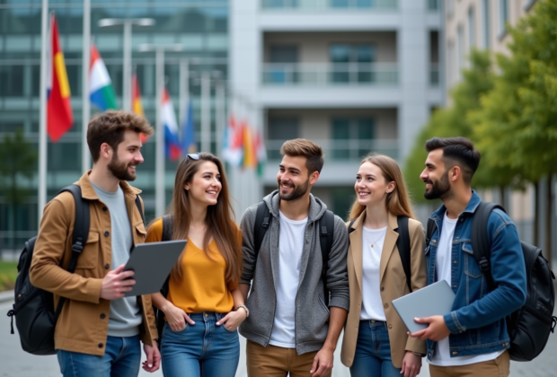 Groupe d'étudiants internationaux souriants devant une université moderne