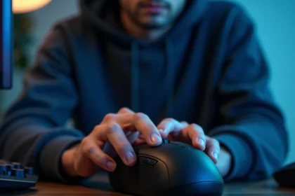 Joueur testant une souris MMO ergonomique dans sa main pour évaluer la prise en main et la taille