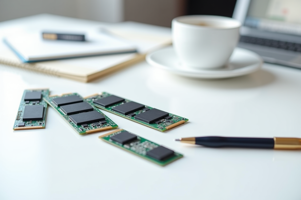 Plusieurs modules mSATA SSD sur un bureau moderne blanc