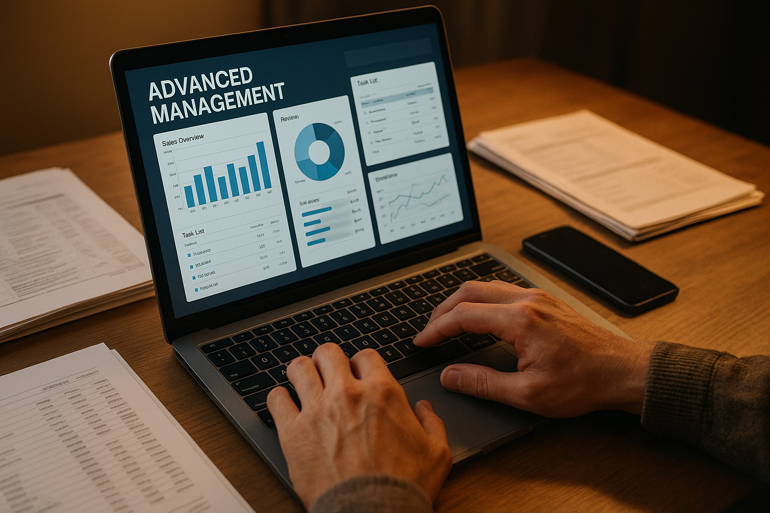 Mains utilisant un ordinateur avec logiciel de gestion avancé