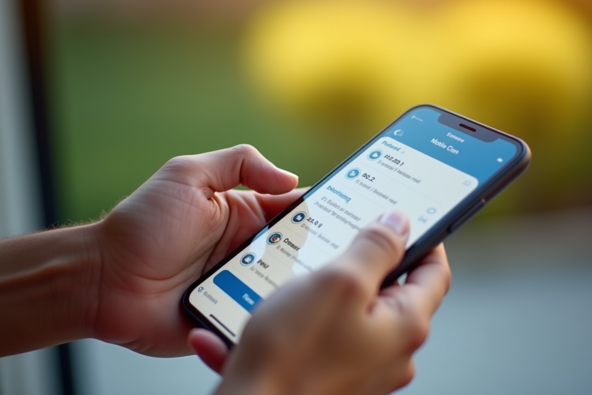 Mains faisant défiler un smartphone avec options de forfait mobile