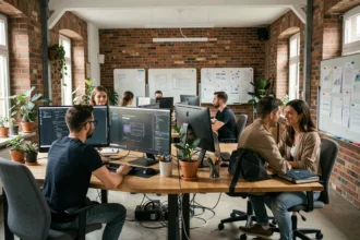 Vue d'ensemble d'une agence de développement web dans l'Eure avec des professionnels collaborant autour d'écrans affichant des maquettes de sites web