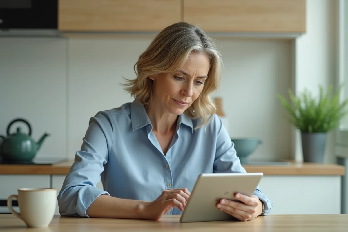 Mère consultant les paramètres de contrôle parental d'une messagerie sur une tablette dans la cuisine