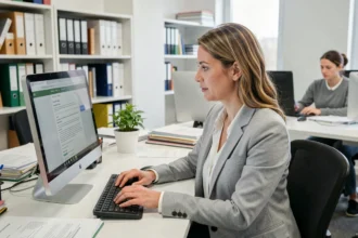 Enseignante consultant sa messagerie académique sur un ordinateur de bureau dans un bureau administratif scolaire