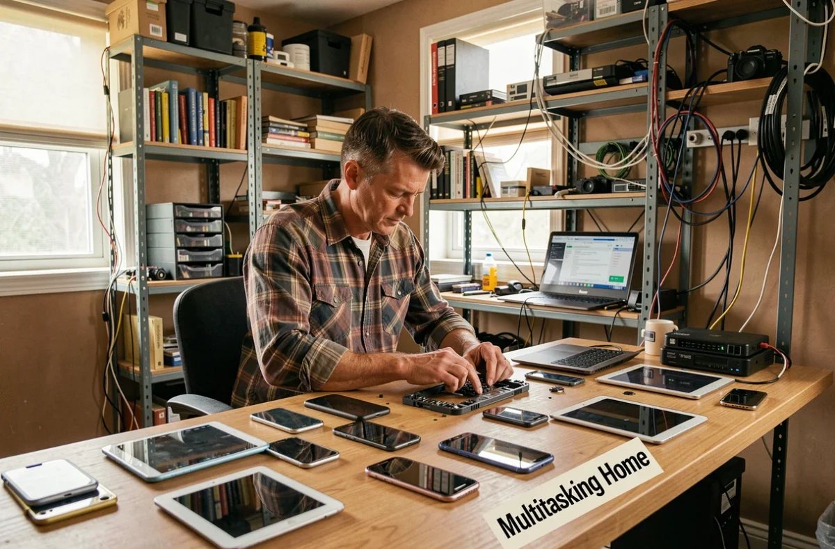 Technicien de Multitasking Home réparant plusieurs smartphones et tablettes dans son atelier à domicile