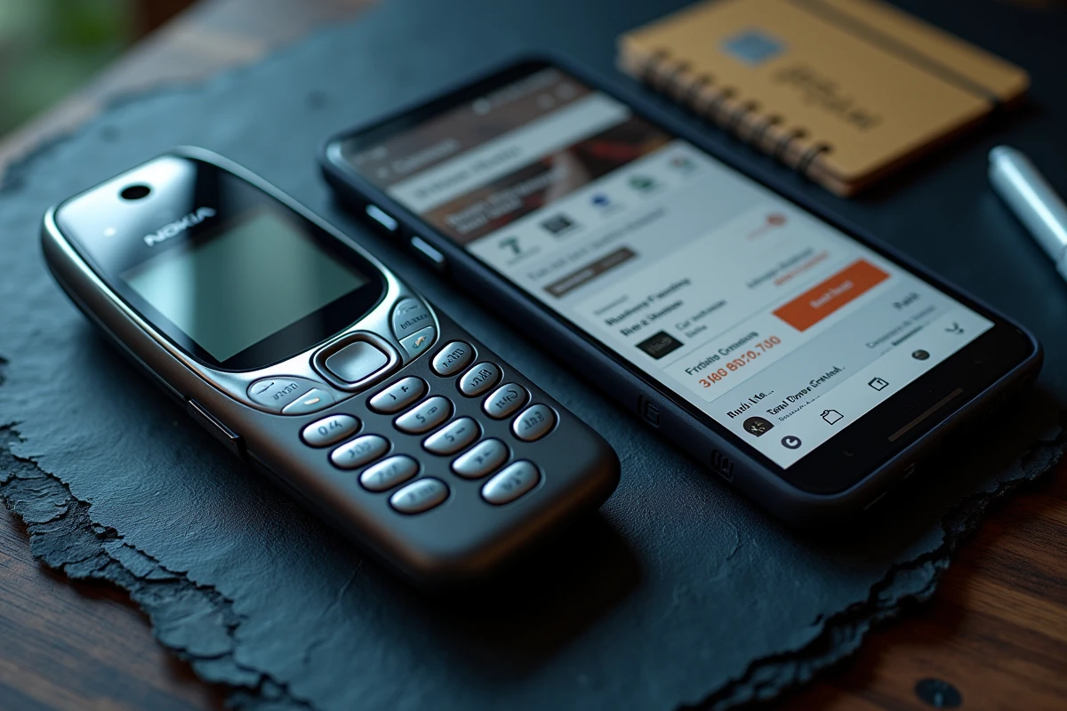 Nokia 8800 posé à côté d'un smartphone affichant des offres e-commerce et une carte de crédit