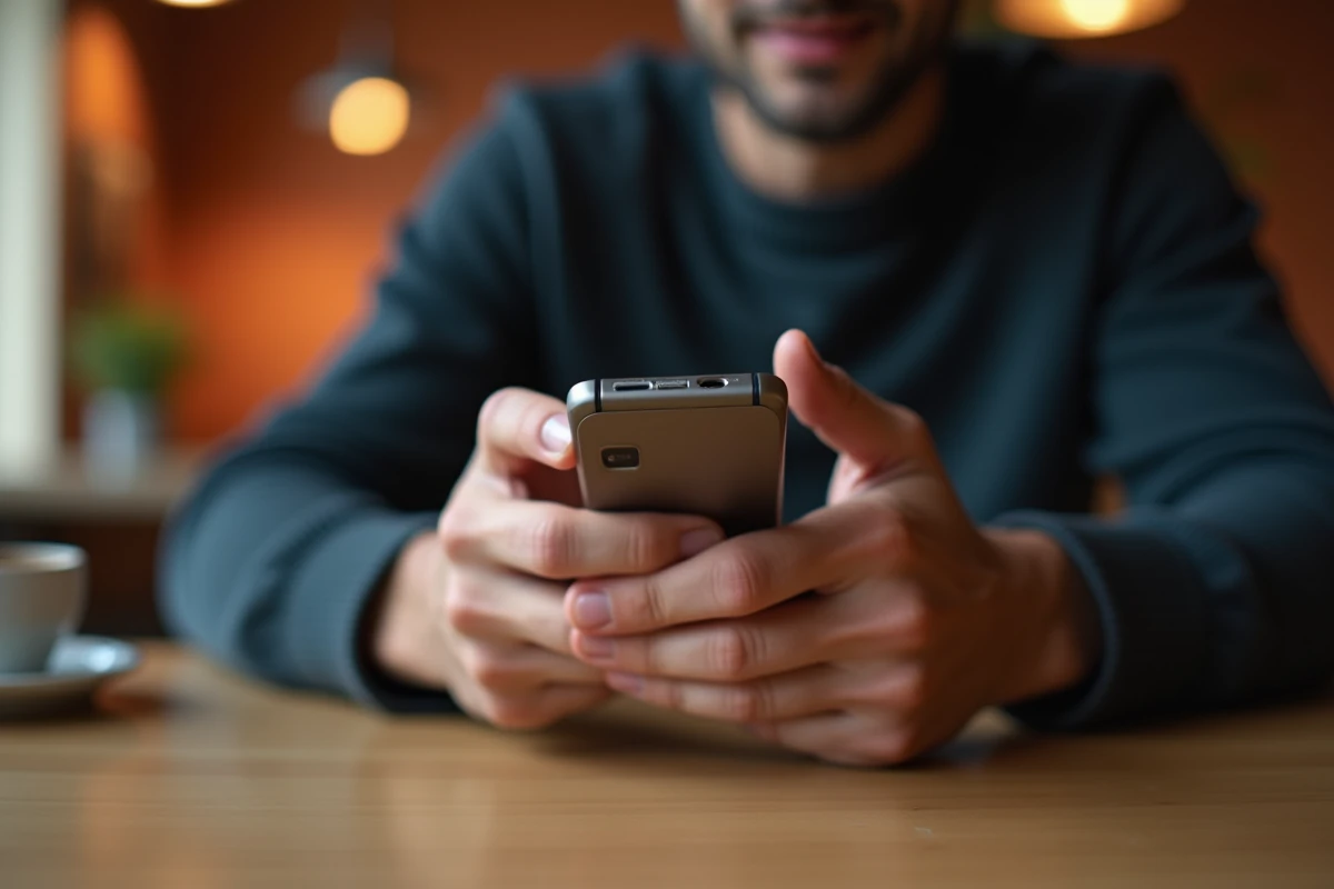 Homme tenant un Nokia 8800 dans ses mains dans un café, recherche d'offres en ligne