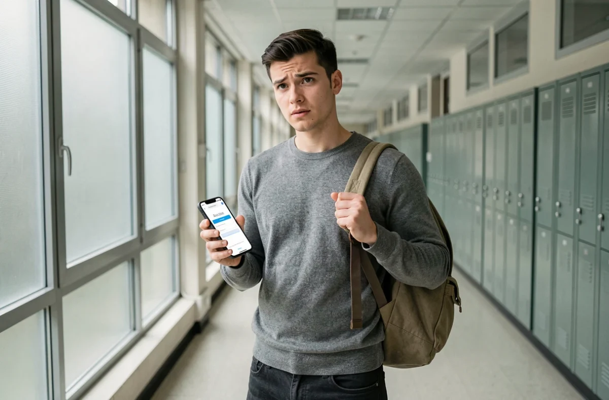 Nouveau personnel enseignant consultant le webmail de l'académie de Versailles sur son smartphone dans un couloir scolaire
