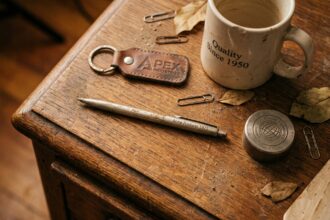 Collection d'objets publicitaires vintage posés sur un bureau en bois ancien, illustrant la longévité des goodies promotionnels à travers les décennies