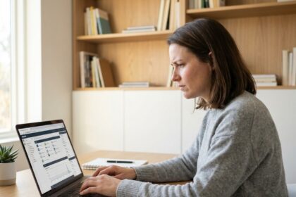 Femme travaillant sur le tableau de bord cPanel d'un hébergement web O2switch depuis un bureau à domicile
