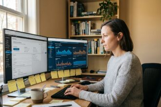 Développeuse web optimisant un site WordPress sur un double écran dans un bureau moderne à domicile