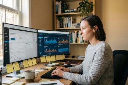 Développeuse web optimisant un site WordPress sur un double écran dans un bureau moderne à domicile