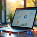 Bureau avec ordinateur affichant un tableau d'analytique web