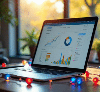 Bureau avec ordinateur affichant un tableau d'analytique web