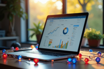 Bureau avec ordinateur affichant un tableau d'analytique web