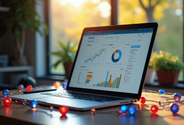 Bureau avec ordinateur affichant un tableau d'analytique web