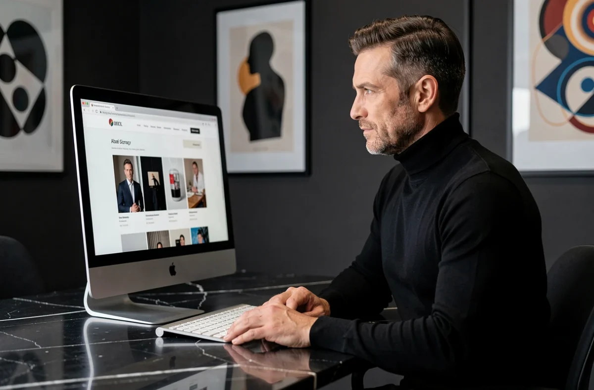 Directeur créatif d'Oscar Black examinant un design de site web luxueux sur un iMac dans un studio minimaliste aux murs sombres