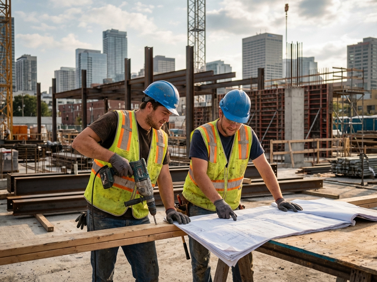Deux ouvriers en chantier avec casques et gilets haute visibilité