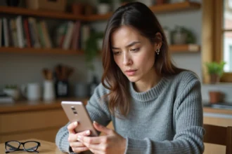 Mère de famille consultant l'application ENT77 sur smartphone à la table de la cuisine, expression préoccupée concernant la vie privée de son enfant