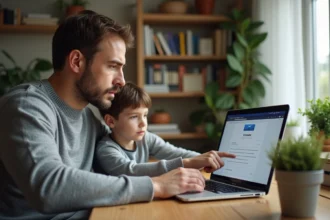 Parent et adolescent configurant ensemble une boite mail sécurisée sur un ordinateur portable à la maison