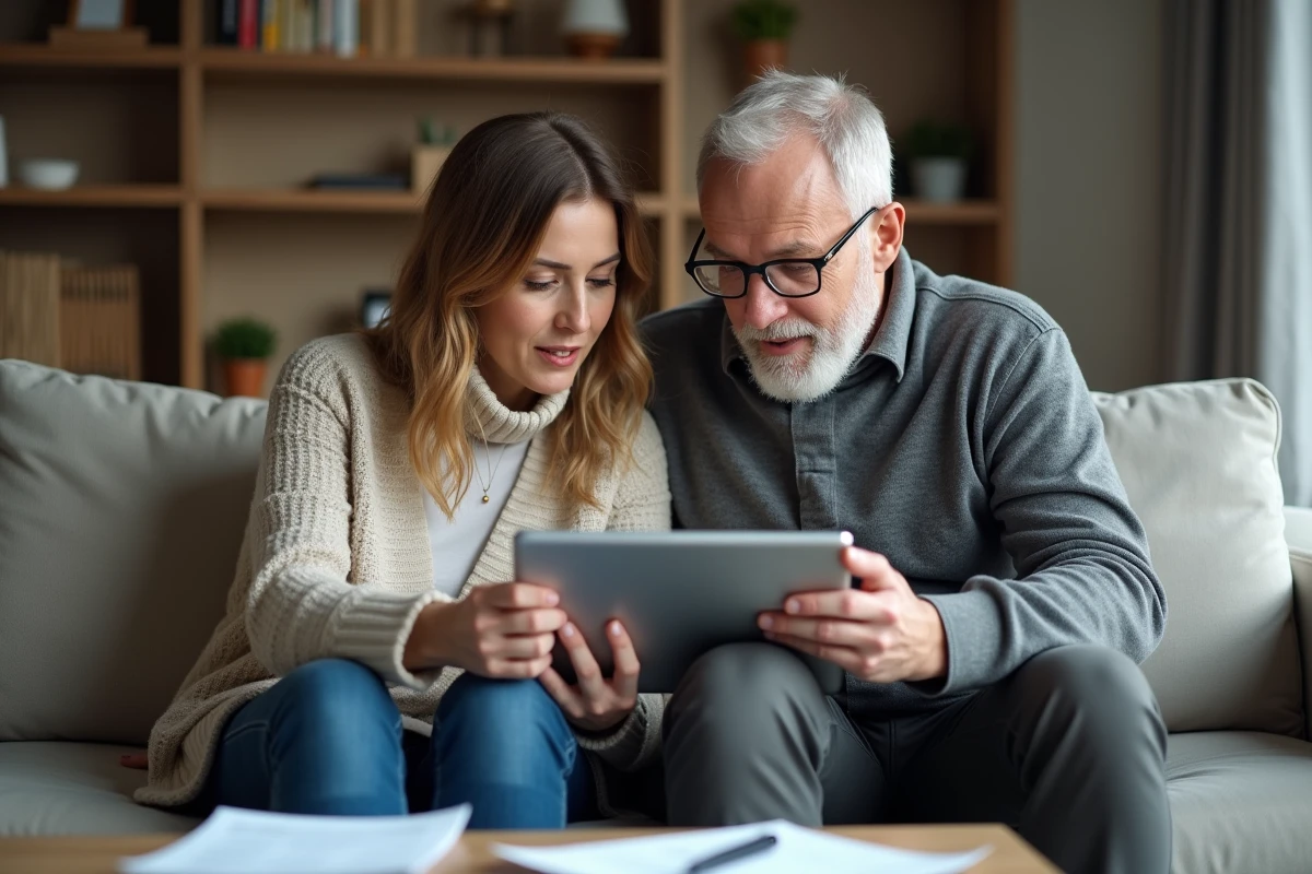 Deux parents assis ensemble sur un canapé examinant les paramètres de confidentialité de l'application ENT77 sur une tablette numérique