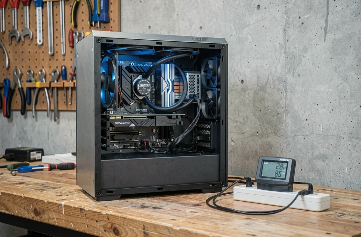 Tour PC gamer ouverte avec composants visibles et wattmètre numérique mesurant la consommation réelle sur un établi de bricoleur
