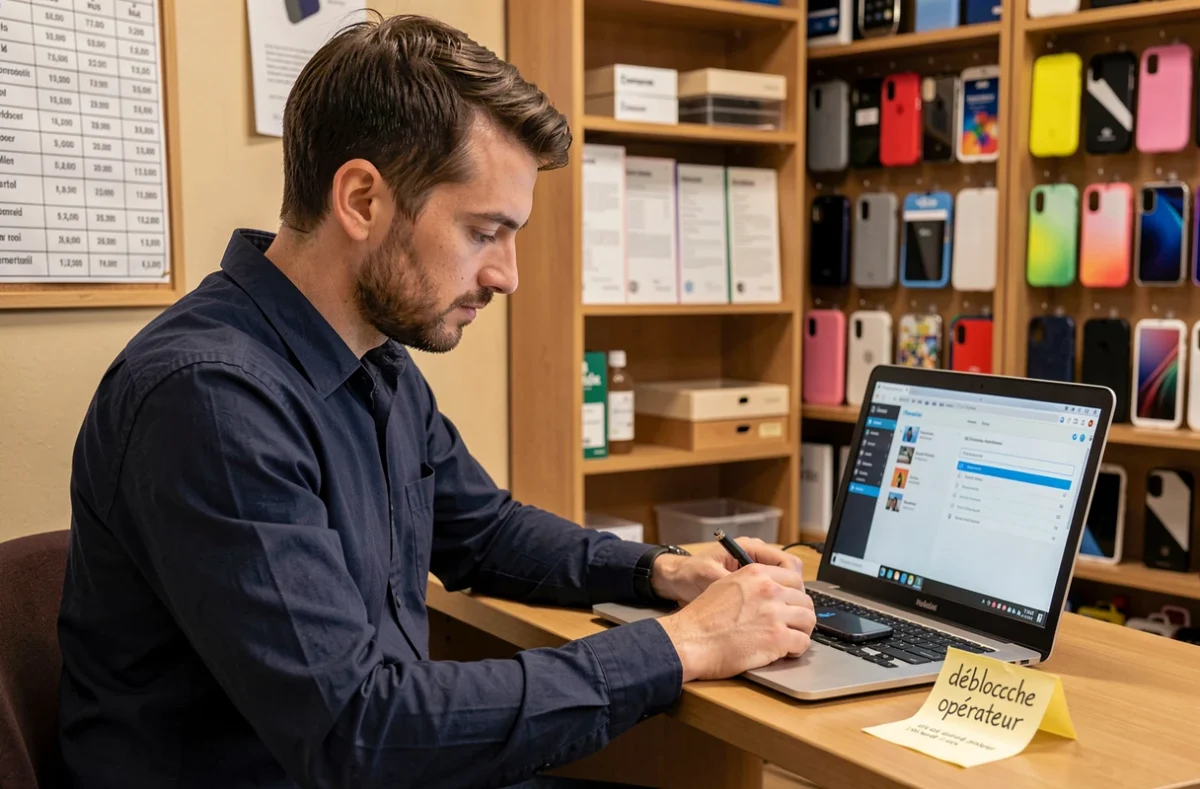 Technicien de PC Repair 41 effectuant un déblocage opérateur sur un smartphone connecté à un ordinateur portable