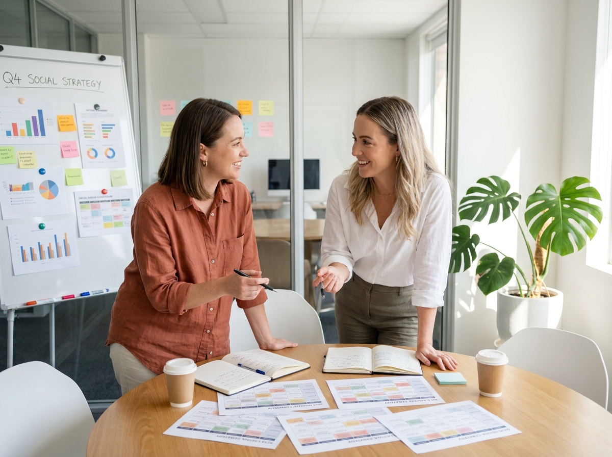 Deux professionnelles planifiant une stratégie de community management autour d'un calendrier éditorial