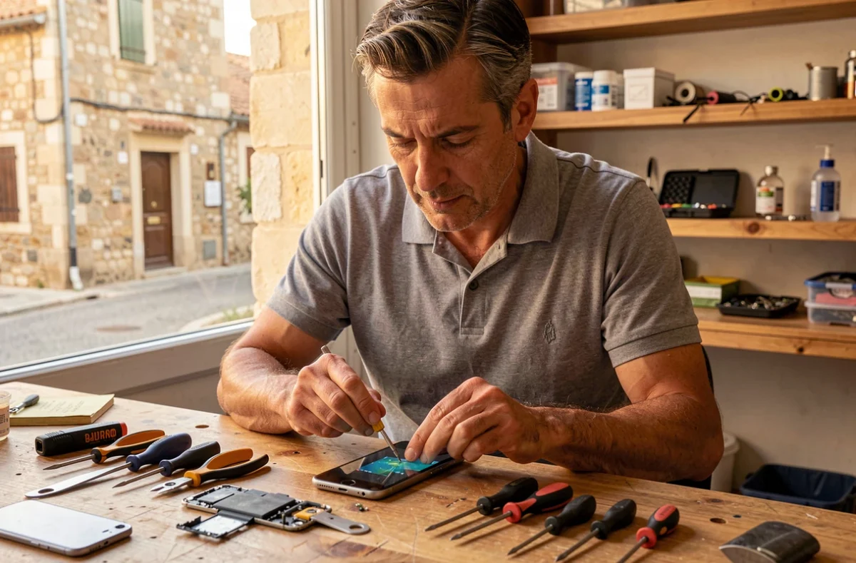Technicien de Point Service Mobiles à Béziers réassemblant un smartphone après remplacement d'écran dans un atelier de réparation du centre-ville