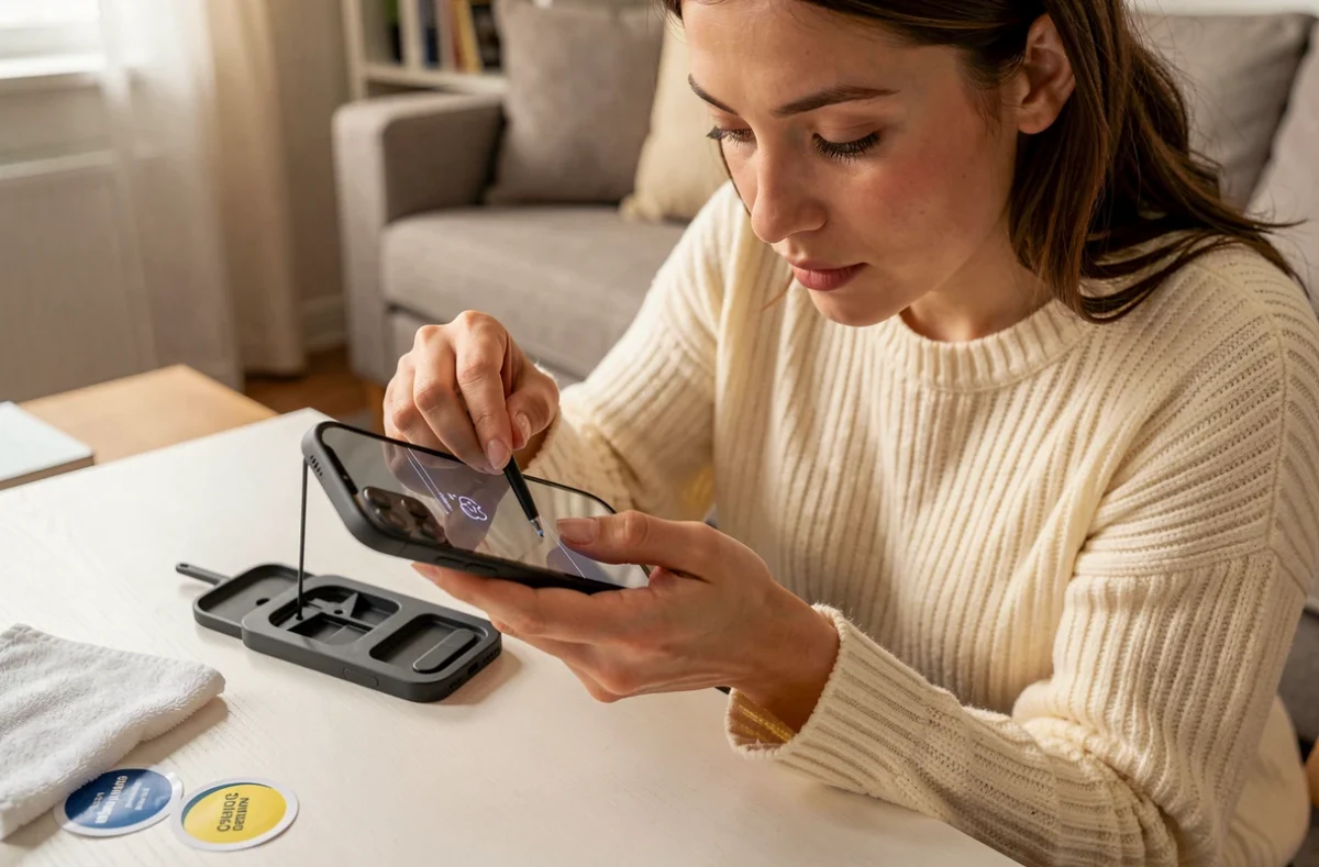 Femme appliquant une protection en verre trempé sur un iPhone 12 dans un salon moderne