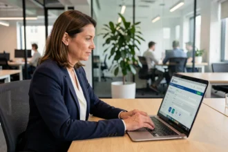 Professionnelle accédant à la plateforme Connect Ville de Marseille pour consulter des appels d'offres sur un ordinateur portable au bureau