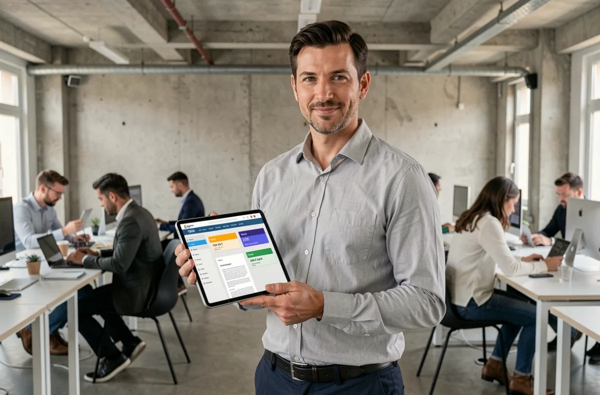 Prestataire consultant le portail numérique de la Ville de Marseille sur une tablette dans un espace de coworking moderne