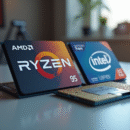 Processeurs AMD Ryzen et Intel Core côte à côte sur un bureau moderne