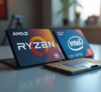 Processeurs AMD Ryzen et Intel Core côte à côte sur un bureau moderne