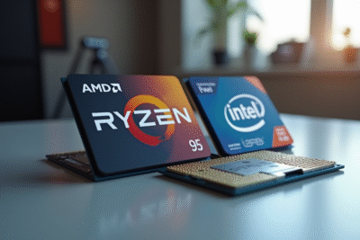 Processeurs AMD Ryzen et Intel Core côte à côte sur un bureau moderne