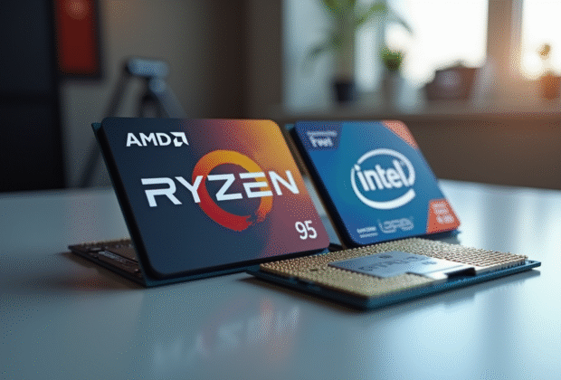Processeurs AMD Ryzen et Intel Core côte à côte sur un bureau moderne